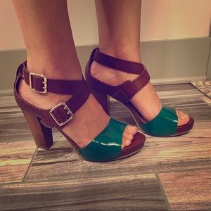 Tan and green heels